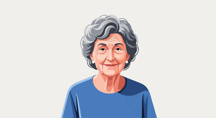 Smiling senior woman with curly gray hair in a close up portrait, looking directly at camera. Smiling senior woman represents comfort and wisdom, embodying grace and dignity in her expression.