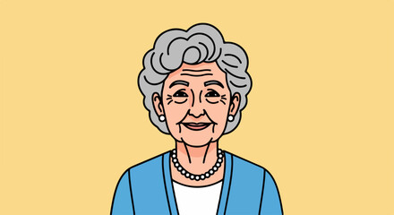 Elderly woman poses against light yellow background. Elderly woman wears a blue top with beaded necklace. Elderly woman's portrait makes for excellent greeting card design,