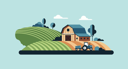 Rural farm landscape with a wooden barn and tractor in the fields.