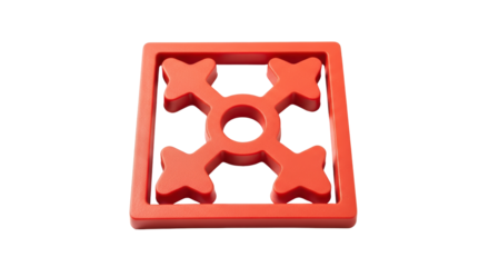 Isolated red toy block with center hole, geometric shape for construction, interlocking design