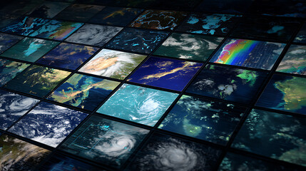 Grid of satellite images displaying Earth's weather patterns and geographical features from space