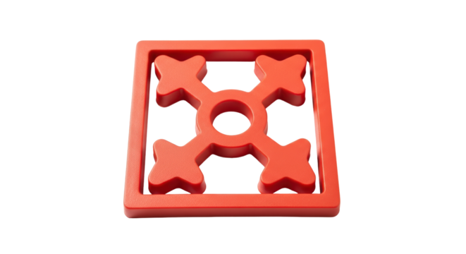 Isolated red toy block with center hole, geometric shape for construction, interlocking design