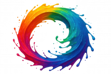 Rainbow colored paint forming a swirling circle with droplets, isolated on transparent background, ideal for creative projects