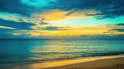 sand. A breathtaking tropical beach sunset with vibrant clouds and golden reflections on the wet sand. inspiring travel planning, travel magazines, designed for outdoor magazines and nature guides.
