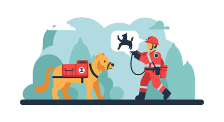 Search and rescue team with a trained dog on a mission.