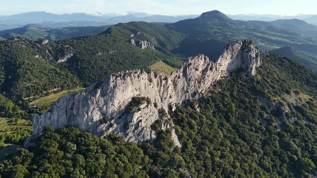 Aerial flyover above the Dentelles de Montmirail in Provence France at Le Mont Ventoux