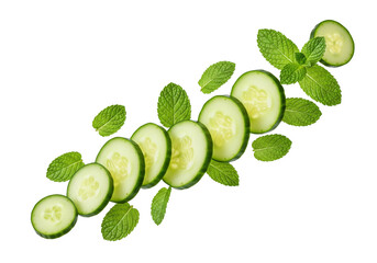 Obraz premium Refreshing Cucumber Slices and Fresh Mint Leaves Flying on White Background