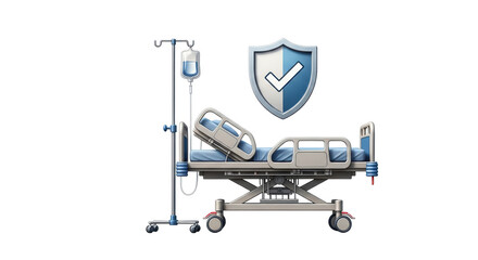 Isolated illustration of a modern hospital bed with IV drip and health insurance shield logo