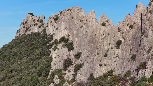 Aerial flyover above the Dentelles de Montmirail in Provence France at Le Mont Ventoux