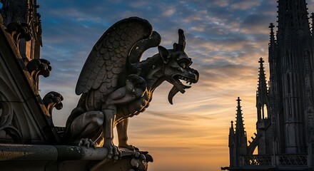 Stone gargoyle on cathedral against sunset sky