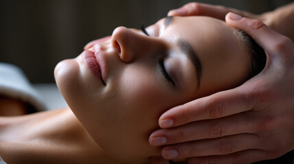 Calm spa massage, tranquil woman face, closeup, gentle touch, serene mood