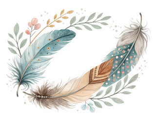 Muted watercolor boho feather border delicate natural elements for creative designs isolated on white background © MdSaydul