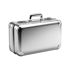 Sleek, metallic silver suitcase with handle and latches