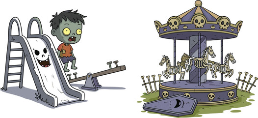 Cartoon zombie boy jumping off creepy skull slide with scary seesaw and spooky carousel with skeleton horses Halloween playground © Hey this is Tazim