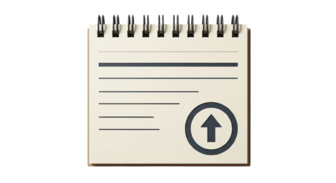 Isolated beige spiral notebook with lines, writing area and upload symbol for text entry