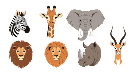 Fototapeta premium Collection of African Safari Animals Head Illustrations.
