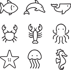 Fototapeta premium Cute hand drawn ocean animal icons set