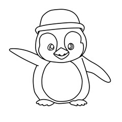 Penguin icon, outline vector. Animal concept. Hand drawn cute cartoon penguin with hat