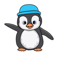 Cute penguin in a blue hat. Hand drawn cute cartoon penguin with hat. Penguin icon, outline vector. Animal concept