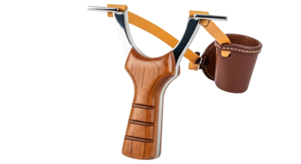 Isolated slingshot wooden handle with leather pouch on neutral background, precision shooting