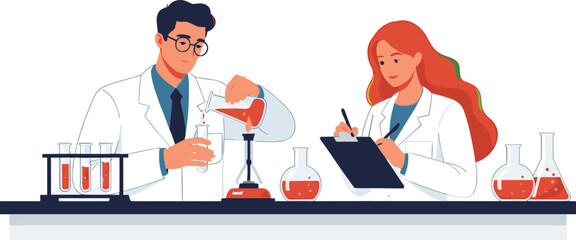 Two young scientists performing chemical experiments in laboratory, using beakers and test tubes, wearing lab coats, conducting scientific research -