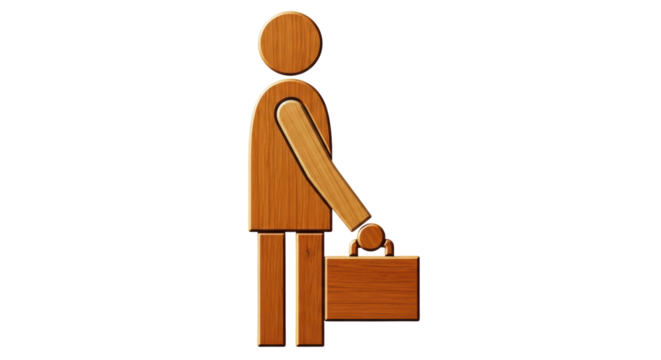 Isolated wooden figure with briefcase, symbolizing business or travel for editorial usage