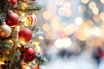 Festive shopping mall with christmas tree and golden and red decorations in holiday season