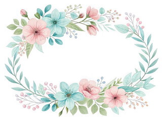 Soft pastel watercolor oval floral frame with delicate leaves and berries isolated on white background