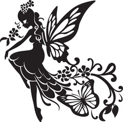 Elegant black vector silhouette of a fairy with delicate wings, perfect for fantasy-themed designs