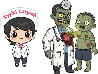 Cartoon zombie doctor examining zombie patient with open chest, cute nurse character, medical horror theme, undead healthcare, Halloween zombie illustration