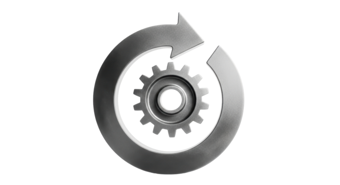 Isolated gray arrow circle around cogwheel mechanical gear, recycle symbol design element
