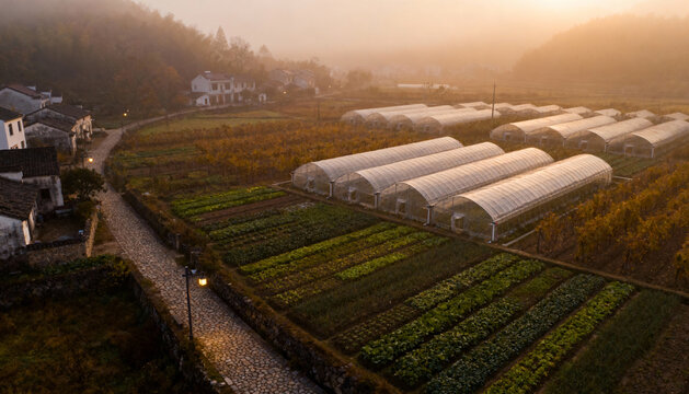 Aerial drone view of polytunnel greenhouses and organic vegetable crops on a farm. Sustainable agriculture concept in a rural Asian village during a misty golden hour sunrise.