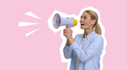 Magazine cutout of woman shouting in loudspeaker on pink background. Stylish poster