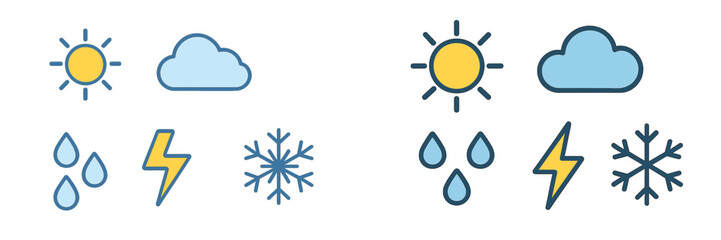 Essential weather forecast symbols featuring sun, cloud, rain, lightning, and snowflake icons for digital design