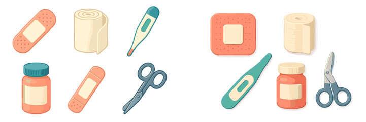 Essential medical supplies and first aid equipment including bandages, gauze, thermometer, medicine bottles, and scissors for health care