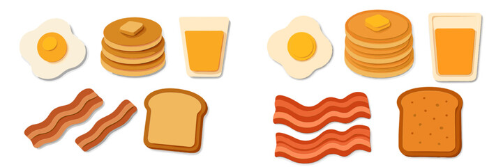 Delicious breakfast food items in paper cut style with pancakes, eggs, bacon, toast, and juice