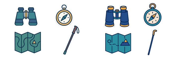 Outdoor adventure and exploration equipment set with binoculars, compass, map, and trekking pole icons