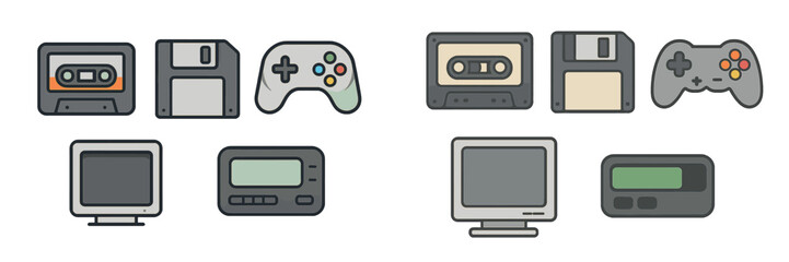Retro electronic devices and vintage storage media including audio cassettes, floppy disks, game controllers, monitors, and pagers