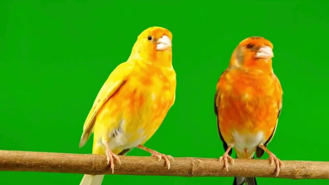 Two colorful canaries perched on a branch against a vibrant green background.