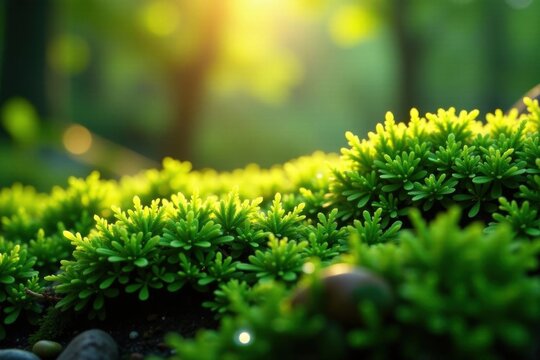 Emerald moss, glistening dewdrops, sunrise light, outdoor, sparkling, jewel