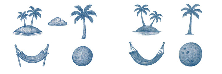 Blue textured tropical elements with palm trees, islands, hammocks, and coconuts