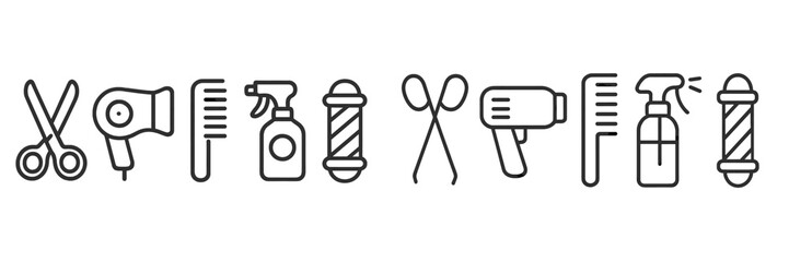 Professional hair salon and barber shop tools and equipment line icons set for beauty and grooming services