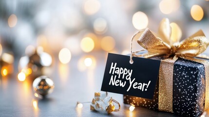 Elegant gift box with golden ribbon and new year tag amidst festive lights