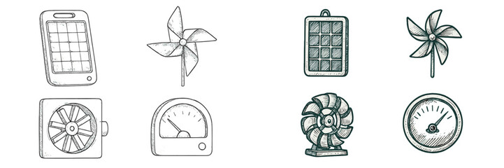 Hand drawn collection of renewable energy sources and measurement devices for sustainable technology