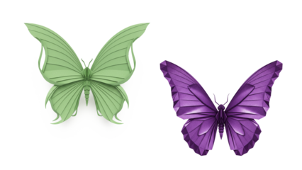 stylized 3d rendering of green and purple butterfly set. origami style. Png file