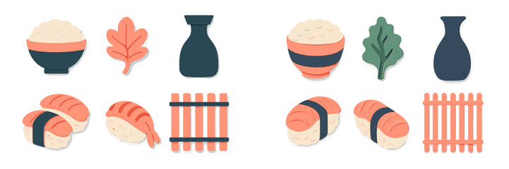 Modern graphic set of Japanese food items and cultural symbols featuring rice sushi soy sauce bottle and decorative leaves in a contemporary style