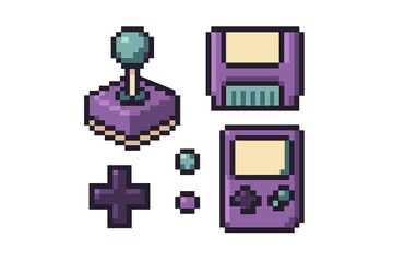 Collection of retro pixel art gaming console, joystick, game cartridge, and control buttons for vintage entertainment design © icon_art