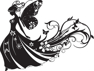 Elegant black vector silhouette of a fairy with delicate wings, perfect for fantasy-themed designs