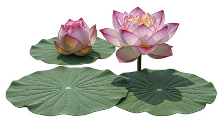 Isolated pair of pink lotus blossoms with lily pads showing natural elegance and beauty © Joao