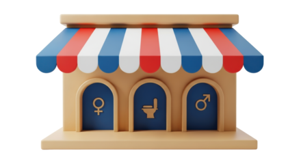 Isolated restroom 3D illustration, signage for toilet, mens, women, universal access, unisex
